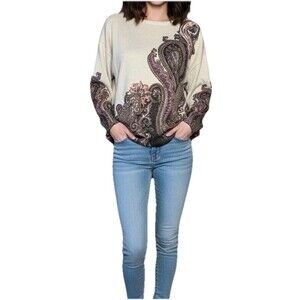 Chico's Metallic Paisley Knit Sweater Top Women's Size 1 Medium Cream Purple